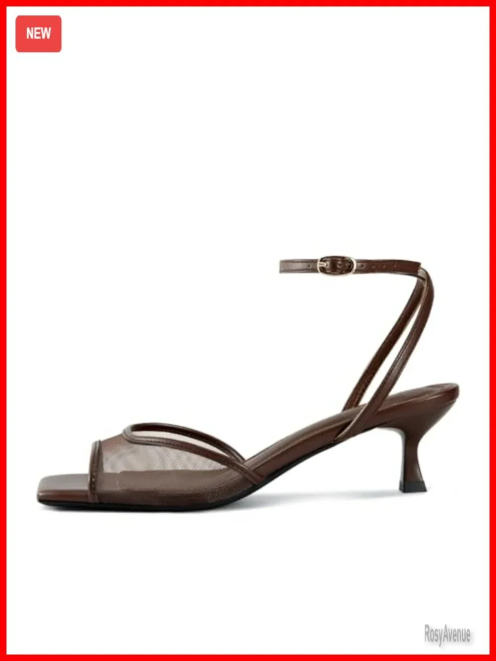 Women's Mesh Square Toe Kitten Heel Sandals Ankle Strap Dress Shoes Comfort